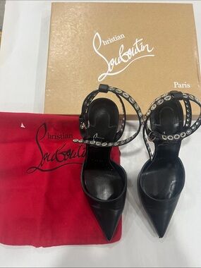 Christian Louboutin Black Studded Leather Pointed-Toe Ankle-Strap Heels
